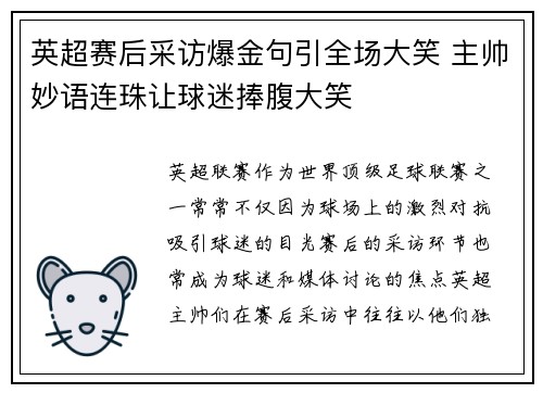 英超赛后采访爆金句引全场大笑 主帅妙语连珠让球迷捧腹大笑