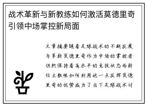 战术革新与新教练如何激活莫德里奇引领中场掌控新局面 战术革新与新教练如何激活莫德里奇引领中场掌控新局面